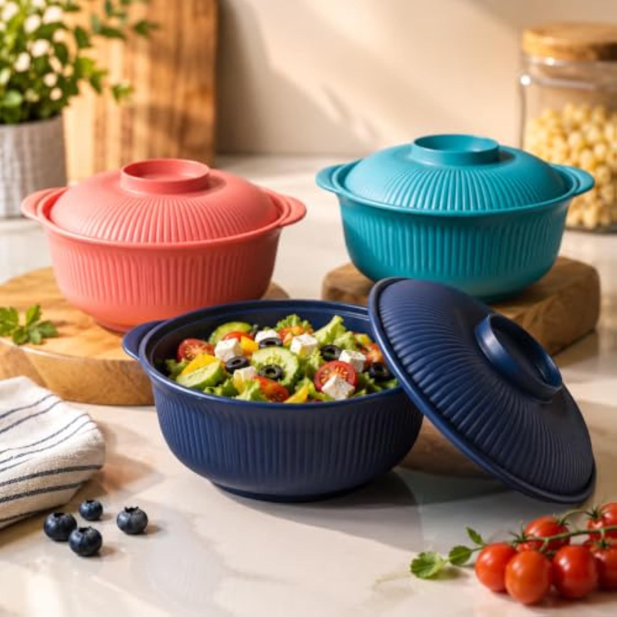 3 Pcs Plastic Bowls with Lids for Kitchen Storage