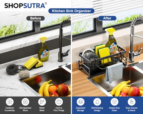 Image of Kitchen Sink Organiser with Drain Tray, Countertop Storage Rack for Dish Soap Sponge Scrubber, Metal Wire Design, Black