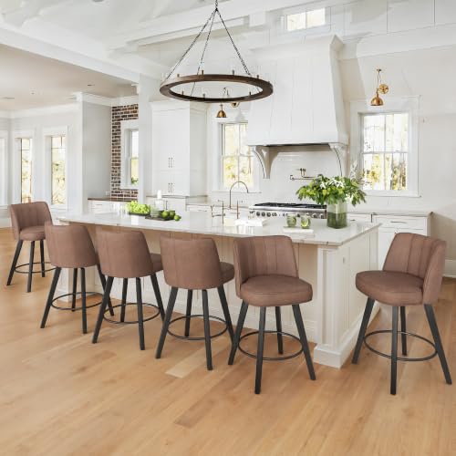 Image of LUE BONA 360-degree Swivel Bar Stools Set of 6, 26 inch Counter Height Bar Stools with High Back and Wood Legs, Morden Faux Leather Upholstered Barstools for Kitchen Counter, Saddle Brown