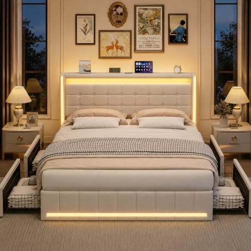 Brilverde Cama Tapizada 140x200 Con Almacenaje, Con 4 Cajones, Cama Matrimonial Con Toma Usb Y Luz Led, Con Cabecero Y Somier De Láminas, Lino Beige, 140 X 200 Cm