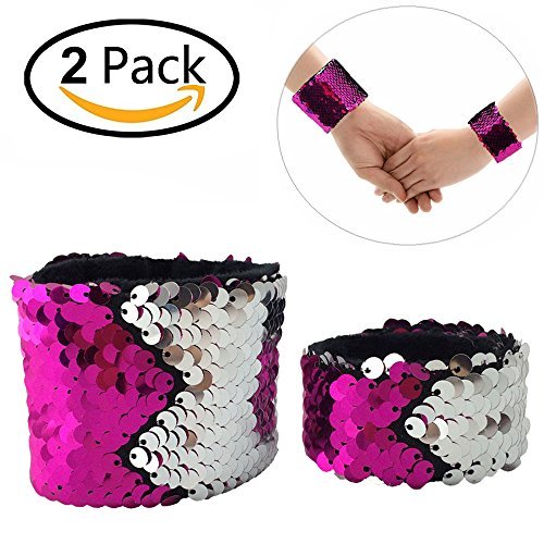 Mermaid Bracelet for Birthday Party Favors Christmas Gifts, Two-color Decorative Reversible Charm Sequins Slap Wristband Bracelet for Kids,Girls,Boys,Women (A(2 Pack), Silver-Rose)
