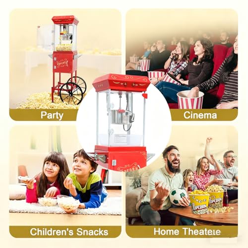 Image of Popcorn Cart Machine with Wheels - 8oz Commercial-Grade Stainless Steel Kettle, Electric Popcorn Popper for Home, Theater, Parties & Events (Red)