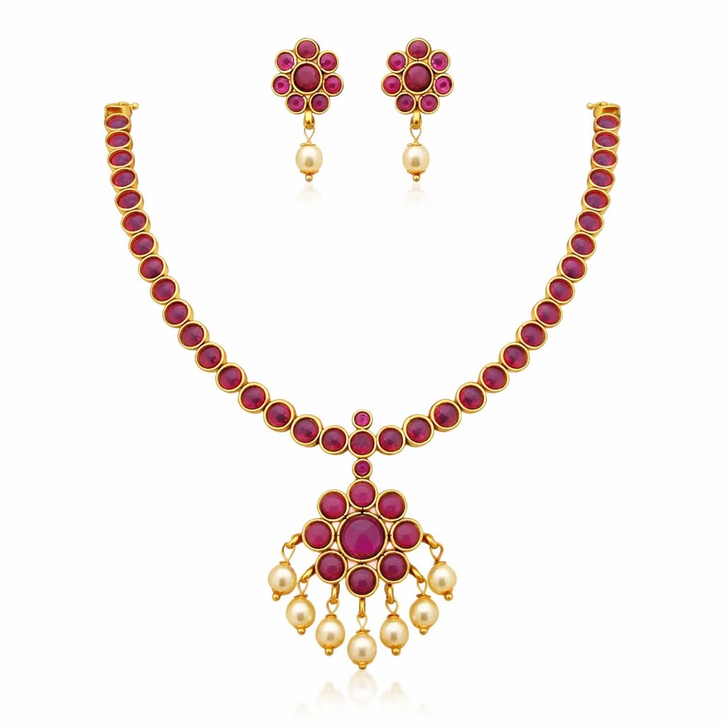 Jewellery Set for Girls and Women | Necklace with Matching Earrings | Micro Gold-Plated | AD/CZ Stone Studded | Suitable for Traditional, Wedding and Festival Wear (Ruby)