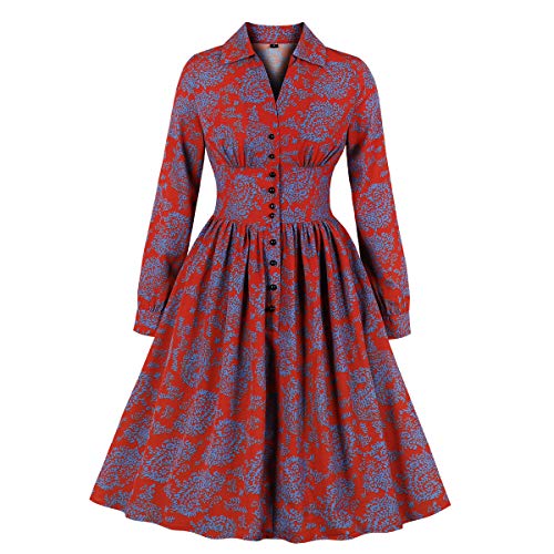 Wellwits Women's Long Sleeves Floral Pattern Print Vintage Button up Shirt Dress 2XL Red and Blue