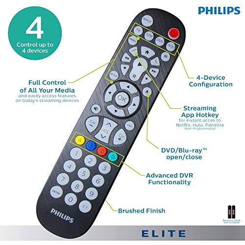 Backlit Universal Remote Control By Philips, Works For Samsung, Vizio, Tcl, Hisense, Sony, Rca, Panasonic, Roku, Apple Tv, Smart Tvs, Streaming Players, Blu-Ray, Dvd, 4-Device, Black, Srp9348D/27 #TOP2