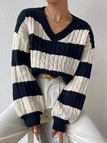 Image of SHENHE Women's Oversized Cable Knit Colorblock V Neck Striped Long Sleeve Sweater Pullover Multicolor XS