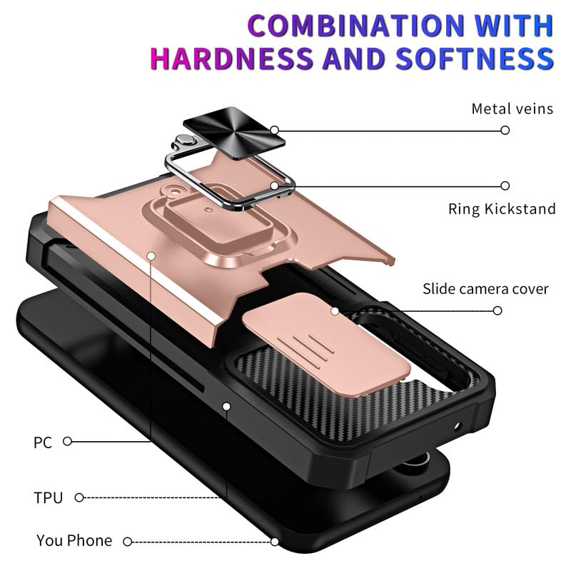 Image of LuxuryKase Shockproof Armor Case for Samsung Galaxy S25 Plus | Slide Camera Cover | Hidden Card Slot | Rotating Ring Kickstand | Magnetic Car Mount Support | Military Grade Protection - Rose Gold