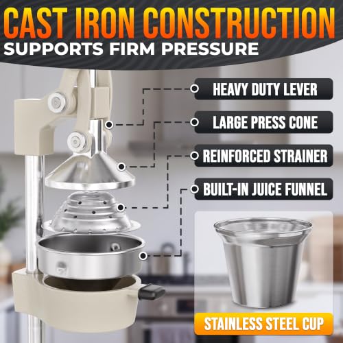 Image of Cast Iron Juicer Hand Press, Heavy-Duty Squeezer (White) | Lever Manual Citrus Press Juicer & Orange Squeezer for Lemon, Lime & Lemonade; Steel Cone & Strainer; for Home or Bar