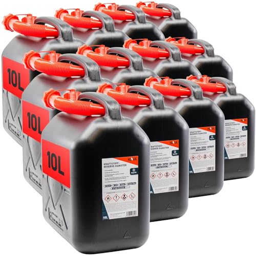 KOVA 12x Benzinkanister 10L SCHWARZ Kunststoff Dieselkanister Reservekanister Kraftstoffkanister 10 Liter Wasserkanister für Benzin Diesel Wasser AdBlue 10-Liter-Kanister & Außgießer 10 ltr Petrol Can