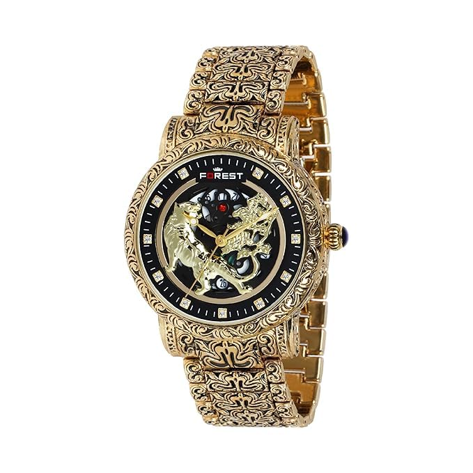 Image of Luxury Gold-Tone Tiger Skeleton Dial Watch, Vintage Carved Pattern Band, Quartz Movement (Black Case)