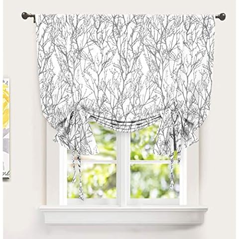 DriftAway Vorhang mit Baumzweig, botanisches Muster, zum Binden, Raumverdunkelnd, wärmeisoliert, Fenstervorhang, verstellbarer Ballon-Vorhang für kleine Fenster, Stangentasche, 114 x 160 cm, grau Cover