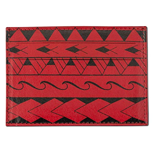 Leather Credit Card Holder Super Slim Wallet with Polynesian Tattoo "Loa" Tattoo Art by Eugene Taase - Red from NAKOA2