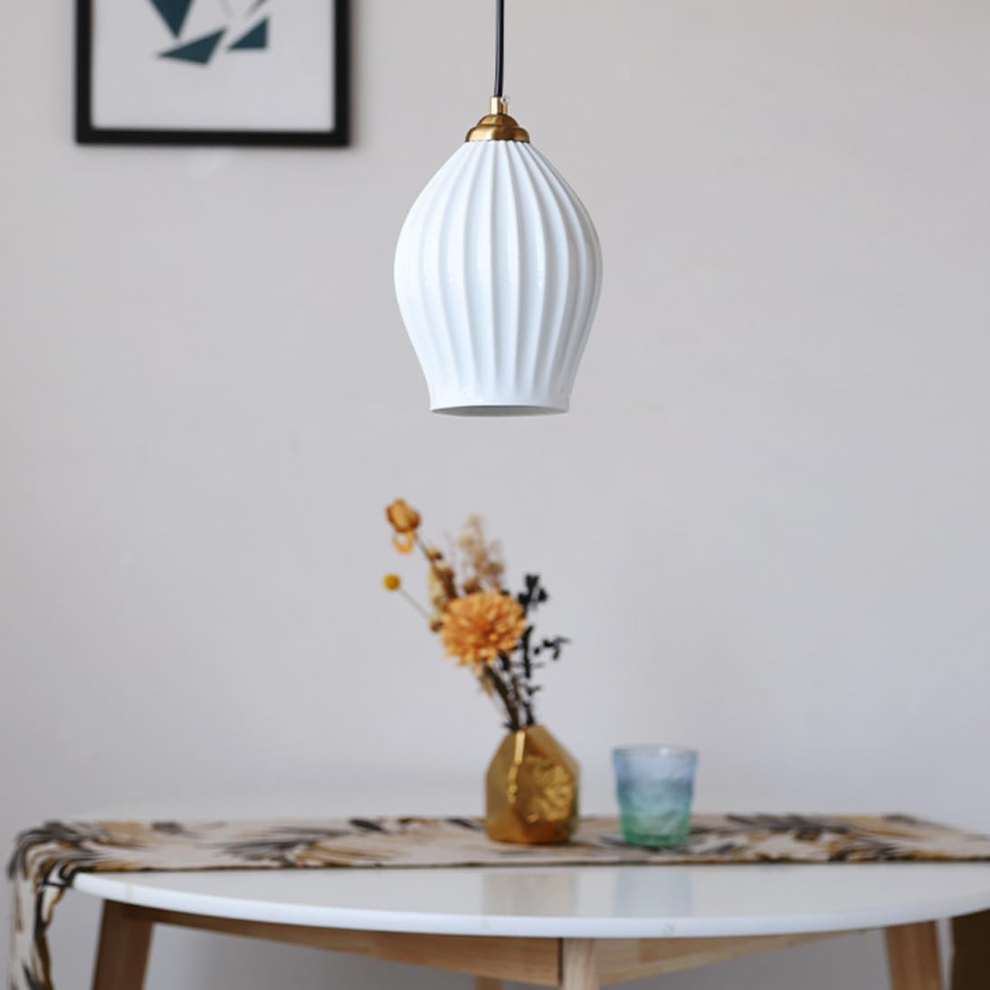Mid-Century Modern Mini Pendant Lighting for Kitchen Island White Ceramic Pendant Lights Ribbed Milk Glass Hanging Lamp with Gold Pendant Light Kit