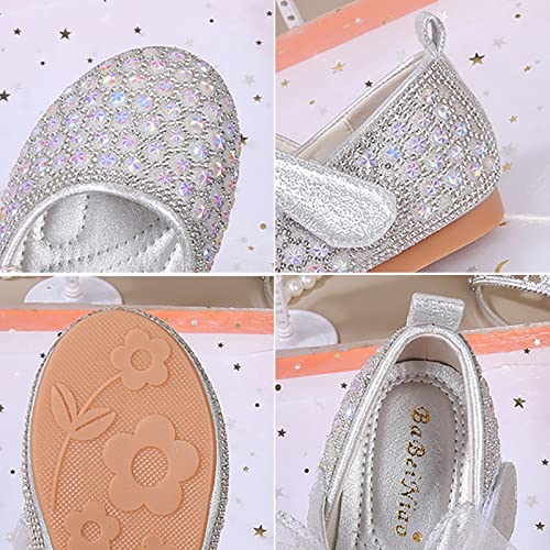 Toddler Girls Mary Jane Shoes Non-Slip Rubber Sole Ballet Slippers Princess Dress Wedding Shoes Newborn Flat Shoes (Silver, 13.5 Little Child)4