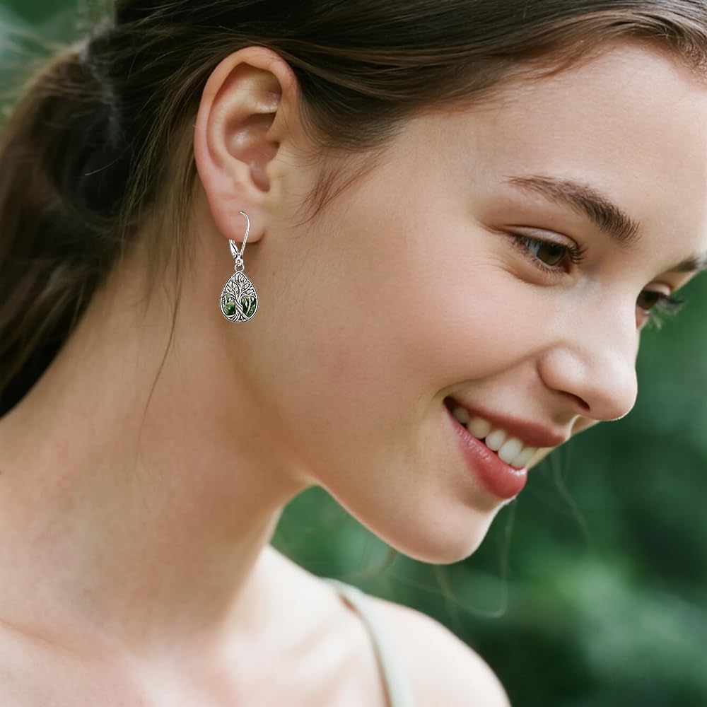 Sterling Silver Tree of Life Earrings for Women Moss Agate Earrings Moss Agate Jewelry Dangle Drop Leverback Teardrop Birthday Gifts - Image 8