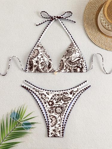 Image of BYFINECANY Women's Floral Printed Bathing Suit Halter Paisley Summer Swimsuit Bikinis Set