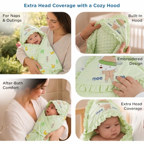 Image of Mee Mee 3-in-1 Baby Wrapper & Carry Nest for Newborns | Soft Breathable Cotton Swaddle with Hood and Cushion | Adjustable Tie-Up Design | Lightweight, Cozy & Easy to Carry (0-6 Months) (Green)