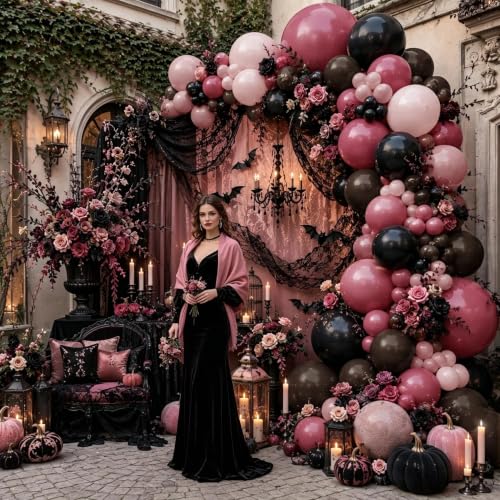 Image of Pink Black Balloon Arch Double Stuffed Dusty Rose Pink Brown Balloons