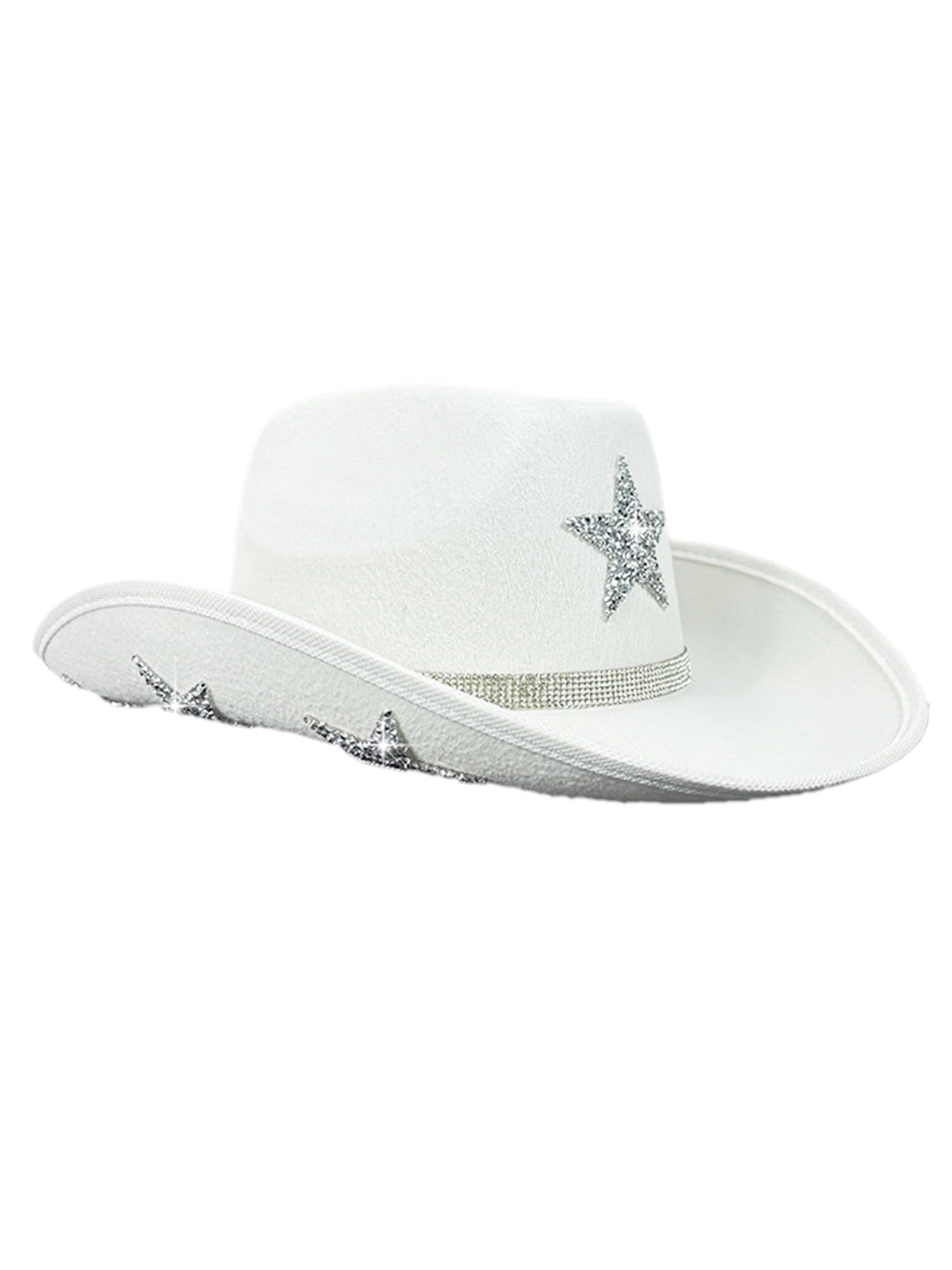 Anuedgis Women's Sparkly Rhinestone Star Western Cowboy Hat Wide Brim Fancy Dress Cowgirl Hat for Party Music Festival Wedding Costume (Ivory, ONE Size)