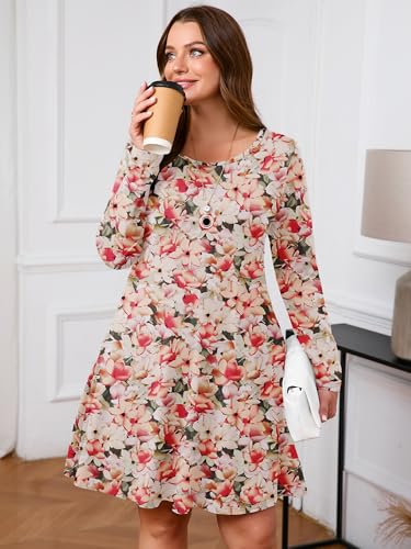 Image of AusLook Women's Plus Midi Dress Long Sleeve Crew Neck A-Line Swing Flowy Vacation Fall Wedding Guest Dresses with Pocket 1-5X