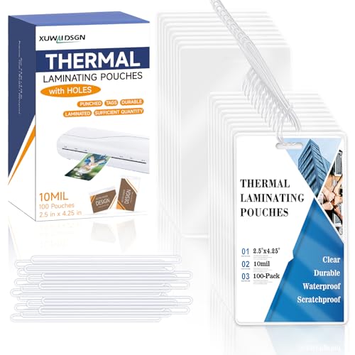 Image of 100 Pieces 10 Mil 2 1 /2 inch x 4 1 /4 inch Laminating Pouches with Slot Hole Printable Luggage Tags Clear Thermal Laminate Pouch Tags Kit Resealable for Work Permits Pass Cards Student ID Cards (100, 10 Mil)