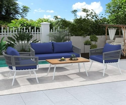 Image of 4 Outdoor Sofa Garden Balcony Sofa Patio Conversation Sofa Set with Coffee Table Wood Top for Living Room Lown Pool Rope Outdoor Chair Set-with-Wood-Table-for-Backyard(Nevy Blue)