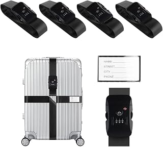 Veki Cross Luggage Straps Set TSA Approved with Lock Adjustable Travel Suitcase Belts Suitcase Tags with Name Id Card Packing Straps for Suitcases Strap Travel Accessories (Black, 4pcs)