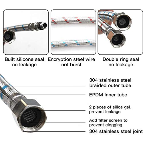 Bathadore Supply Hose 16-Inch Long X 2 Pcs (1 Pair) Faucet Connector Braided Stainless Steel 3/8-Inch Female Compression Thread X M10 Male Connector For Bathroom #TOP2