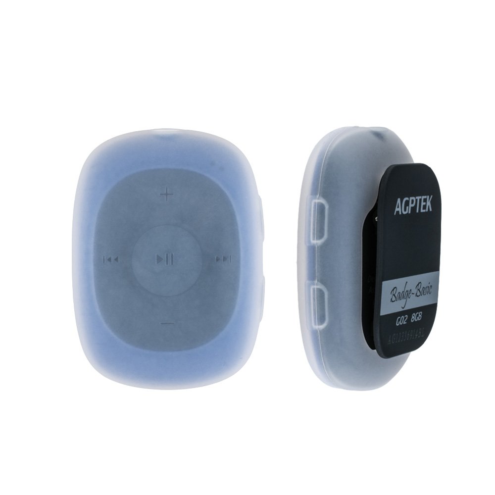 AGPTEK G02 Mini odtwarzacz MP3 z klipsem z radiem FM, do biegania, na siłownię (dodatkowa osłona przeciwpotna), niebieski, 8 GB