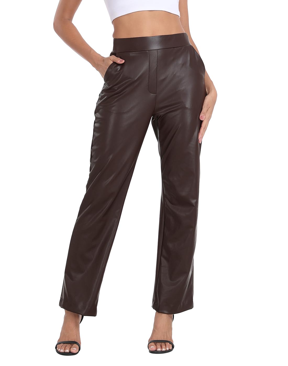 HDE Damen-Schlupfhose aus Kunstleder, hohe Taille, mit Taschen