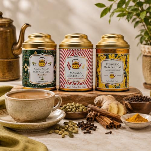 Image of Sancha Tea Boutique, Masala Chai Bundle, Value Pack with Turmeric Masala Chai, Original 3 Spice & Cardamom Masala Tea, 50 Pyramid Tea Bags & 100g Loose Leaf