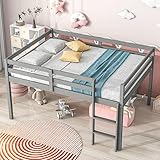 HYC Full Size Low Loft Bed with Ladder for Kids Boys Girls Bedroom, Solid Wood Bedframe with 14 Wood...