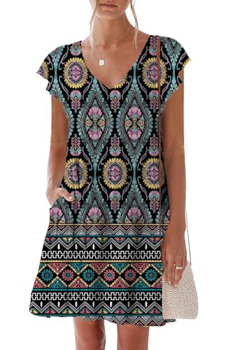 Image of nclook Womens Summer Casual Dresses Sweet Cute V Neck Mini Dress with Pockets Ruffle Short Sleeve