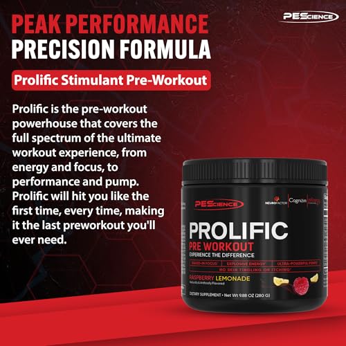 Image of PEScience Prolific Pre Workout Powder for Men & Women with L-Citrulline Nitric Oxide Booster, Energy Powder & Nootropic for Focus - Preworkout Without Beta Alanine - 40 Scoops, Raspberry Lemonade