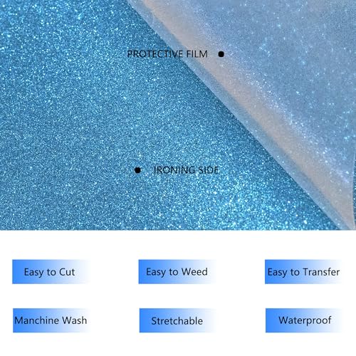 Image of HTVVETUR Glitter HTV Vinyl Rolls Heat Transfer Vinyl - 12 inch x 9ft Blue HTV Vinyl for Shirts, Iron on Vinyl for Cameo - Easy to Cut & Weed for Heat Vinyl Design (A001-J008 Glitter Blue-9ft)