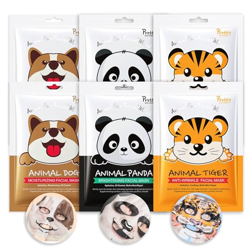 Shefave Tuchmasken Gesicht Maske mit Tiermotiv, 6PCS - 3 Typen Hautpflege-Geschenkset, Blattmasken-Set, Beruhigend Maske, erfrischend, niedliches Gesichtsmasken-Set für Frauen