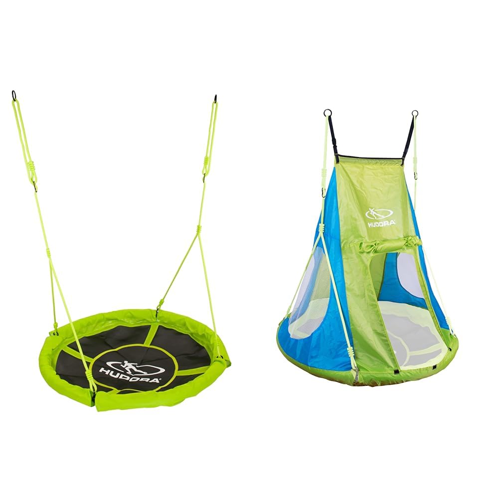 HUDORA Nestschaukel 110 cm - Baby/Kinder Schaukel Outdoor und Indoor - 100 kg Belastbarkeit - Grün - 72156 & Zelt für Nestschaukel 110 cm, 120 cm Cosy Castle - Garten-Schaukel, 72155, Lemon
