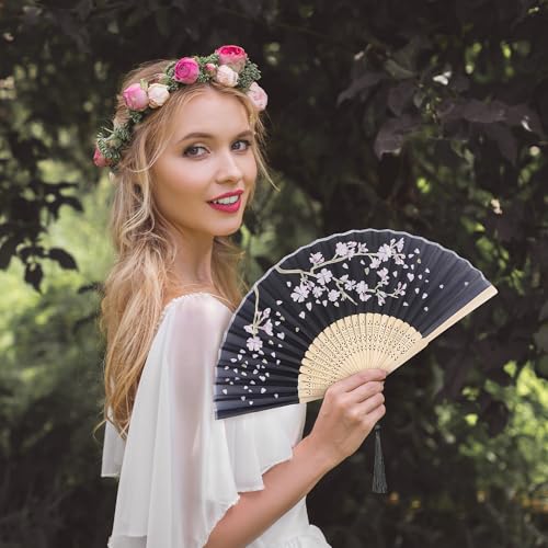 Aneco 4 Pieces Folding Fans Bamboo Handheld Fans Silk Fabric Fans Hand Holding Fans For Party thumb #5