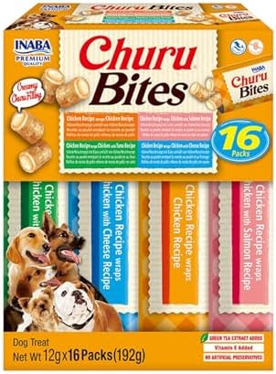 INABA Churu Bites Perros - 4 variedades de sabores - Palitos crujientes con Relleno cremoso, Aperitivo Delicioso y Saludable - Alimento con proteínas, sin colorantes ni conservantes - 192g (16x12g)