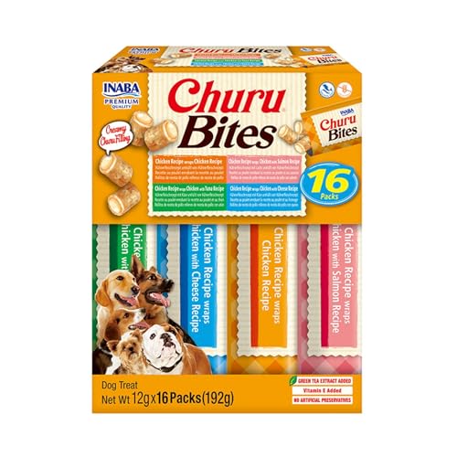 INABA Churu Bites Perros - 4 variedades de sabores - Palitos crujientes con Relleno cremoso, Aperitivo Delicioso y Saludable - Alimento con proteínas, sin colorantes ni conservantes - 192g (16x12g)