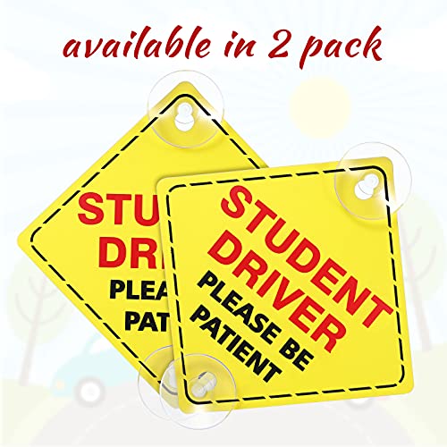 2 Pieces Student Driver Signs For Car Window Please Be Patient Car New Student Driver Signs Stickers With Suction Cups Student Driver Window Cling Beginner Rookie Car Signs, 5 X 5 Inch #TOP2