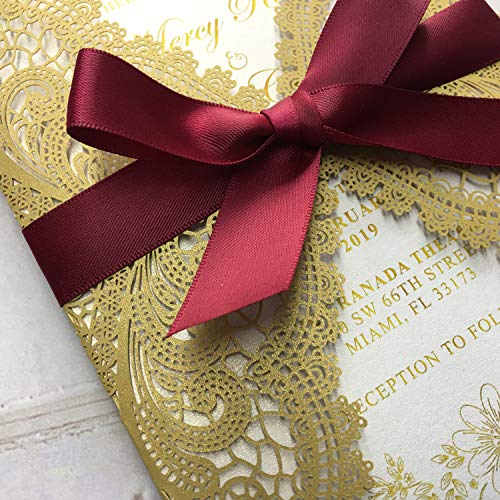 Picky Bride Golden Lace Wedding Invitations With Burgundy Ribbon Bow 5 X 7" Envelopes Included - Set Of 50 Pcs (Blank Invitations) #TOP1