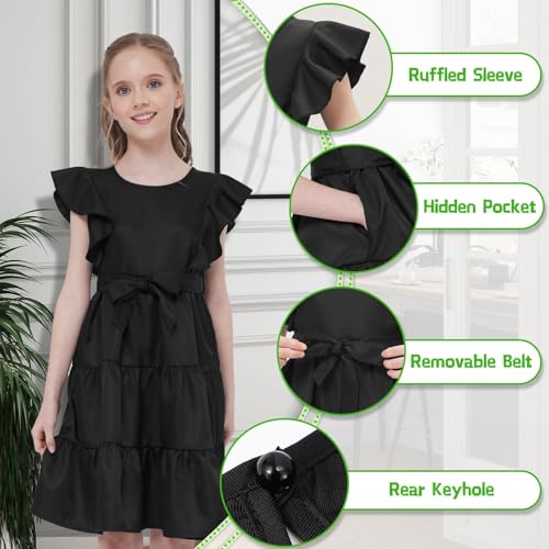 Girls Summer Dress Ruffle Sleeve Tiered Swing A-Line Flared Skater Party Dress with Pockets 5-14T4