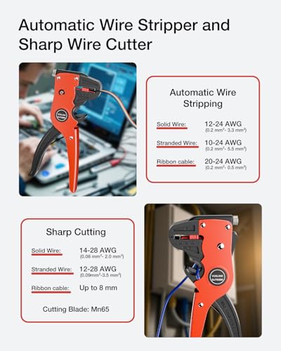 Image of VCELINK Automatic Quickstrip Wire Stripper & Cutter 2-in-1, Black | Eagle-nose Design Quick Strip Wire Stripper 14-24AWG Wires Cleanly in Tight Outlet Boxes, No Core Damage