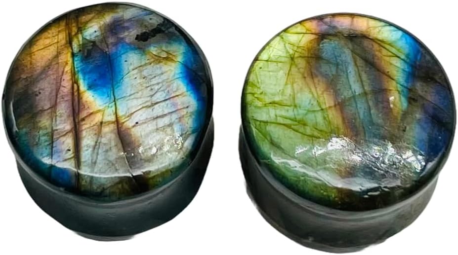 Uni Craft's Natural Rare Flash Labradorite Crystal Handmade Double Flare Convex/Concave Round Ear Plugs Naga Body Jewlry Gauges Size 9/16" (14mm) Ready to Ship