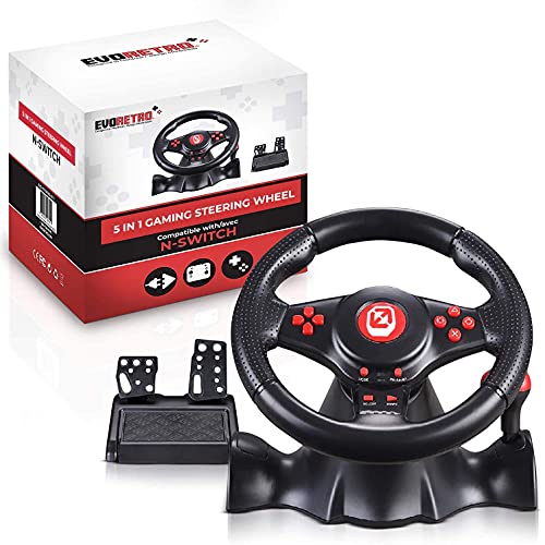 EVORETRO Super Gaming Steering Wheel with Pedals compatible for Nintendo Switch – Great for Mario Kart 8 – For PC/PS3. Best gaming desk accessories!