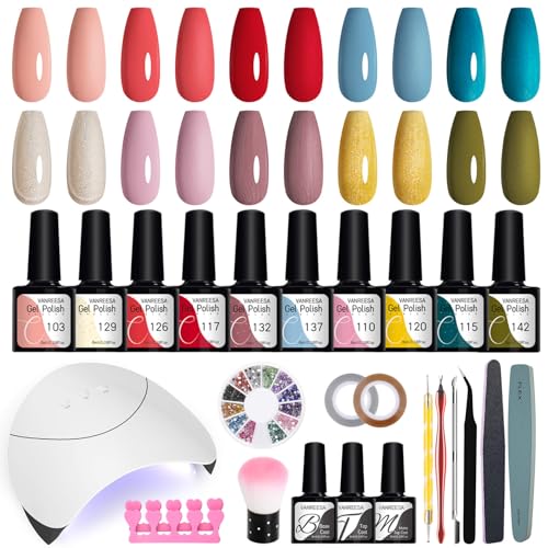 Gel Nail Polish Set with U V Nail Lamp Starter Kit, VANREESA 10 Colours Gel Nail Polish Kit Red Yellow Green Nude Blue Gel Polish Set Gel Nail Kit Gifts for Women Nail Art Salon at Home