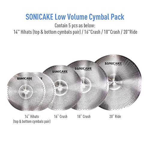 Sonicake Low Volume Cymbal Pack Quiet Cymbal Set 14'Hi-Hat+16"Crash+18'Crash+20"Ride 5 Pcs Drum Cymbal Set Practice Cymbal，Sliver #TOP1