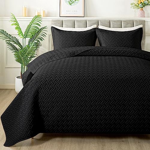 Image of HYLEORY Quilt Set Full Queen Size - Soft Lightweight Quilts Summer Quilted Bedspreads - Reversible Coverlet Bedding Set for All Season 3 Piece (1 Quilt, 2 Pillow Shams) - Black