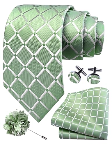 Image of GUSLESON 3.15 inch(8cm) Mens Tie and Lapel Pin Plaid Checkered Necktie Hankerchief Cufflinks Set for Men